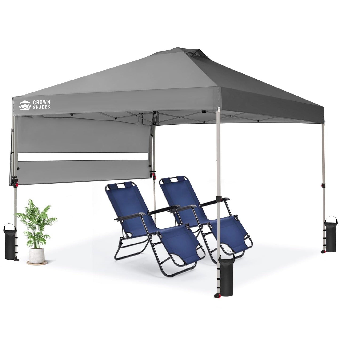 CROWN SHADES 10x10 Pop up Canopy Tent, Instant Commercial Canopy with Extend Awning, Patended Centerlock, 150D Silver Coated Fabric, 4 Ropes, 8 Stakes, 4 Weight Bags, STO 'N Go Bag, Grey