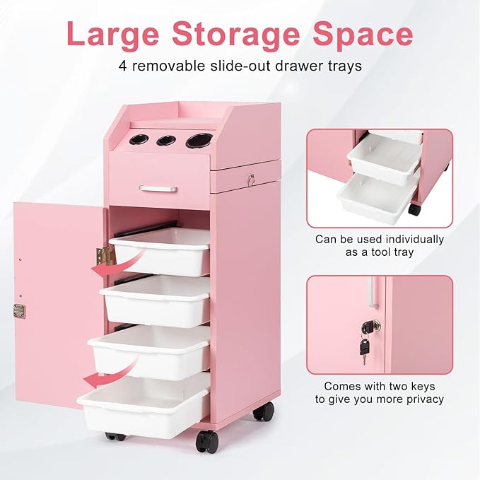 Winado Hair Salon Storage Cart with Wheels & 3 Hair Dryer Holders & 4 Drawers & Lock & 2 Keys, Hairdressing Tools Station Mobile Makeup Case, SPA Utility Trolley (Pink)