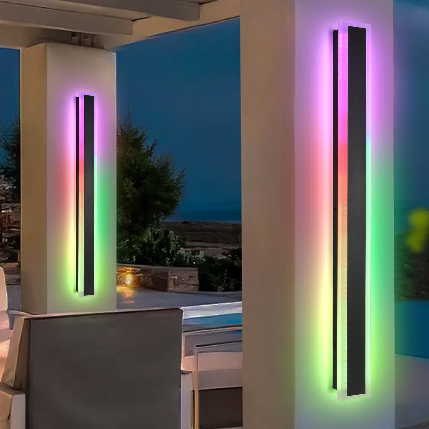 SUCICNISD 2pack 39.4In Modern Outdoor Lights, RGB Exterior Wall Light Fixtures Dimmable Black Linear Wall Sconce Wall Mount with Remote Control for House, Garage, Patio, Porch