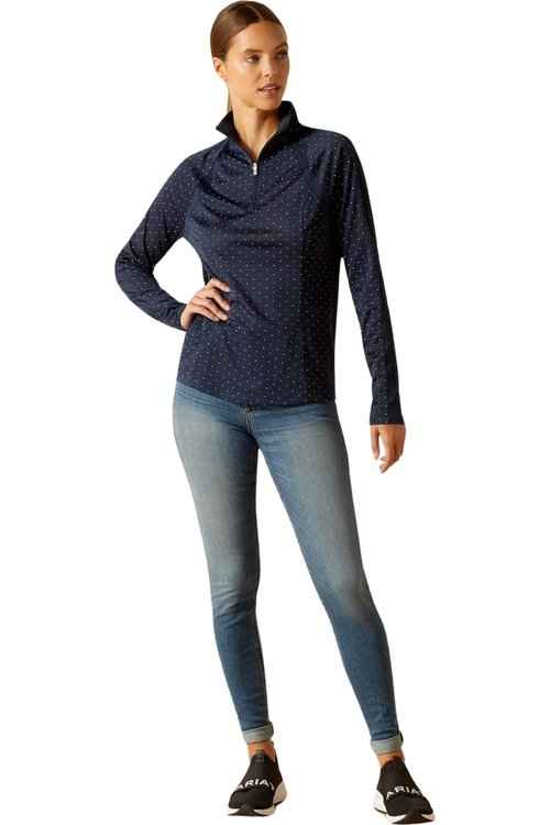Ariat Women's Sunstopper 3.0 1/4 Zip Baselayer, Navy Dot, Medium
