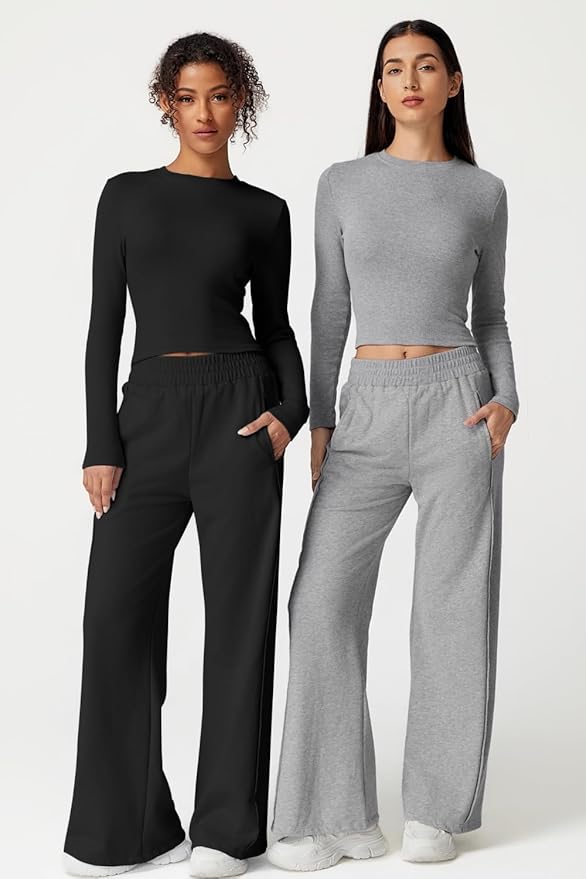 QINSEN Womens 2 Piece Sets Long Sleeve Slim Fit Crop Tops Wide Leg Pants Matching Lounge Set