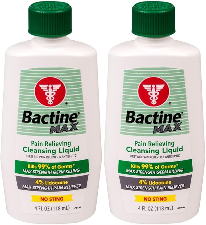 Bactine Max Pain Relieving Cleansing Liquid with Lidocaine, First Aid Pain + Itch Relief, Kills 99% of Germs, 4oz 2 Pack