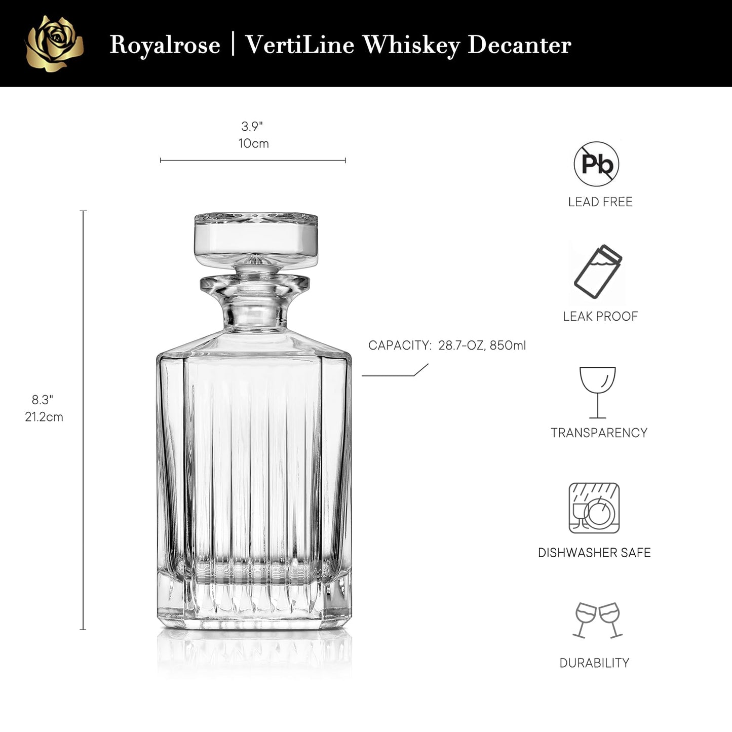 Royalrose Premium VertiLine Whiskey Decanter Set, A Timeless Gift for Men, Whiskey Glassware, 850ml, Anniversary Birthday Gifts for Him Husband Boyfriend (Whiskey Decanter)