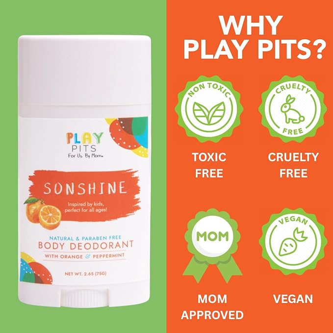 PLAY PITS - Kids Deodorant for Girls & Boys - Natural - Aluminum-Salt Free - Safe for Sensitive Skin - Variety Pack - SUGA, SONSHINE, & HAPPY – Clean, Non-Toxic, & Paraben Free - 2.65oz - 3 pack