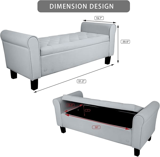 Babion Storage Bench for Bedroom End of Bed, Button Tufted Storage Ottoman Bench 51 Inch, End of Bed Storage Bench with Upholstered, Rolled Arm Window Bench Seat with Solid Wood Legs, Dark Grey