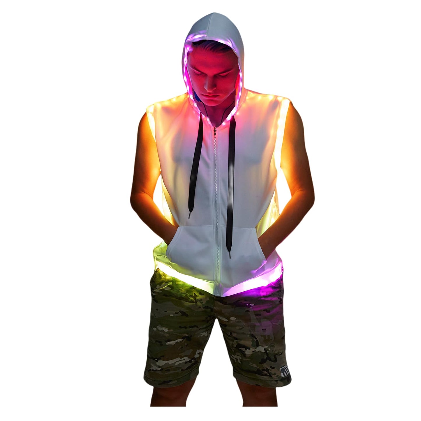 Men's White Hooded Tank LED Light Up Music Player DJ Shirt Disco Outfit Rave Tops Night Club Show for Halloween Dance Party (White, XL)