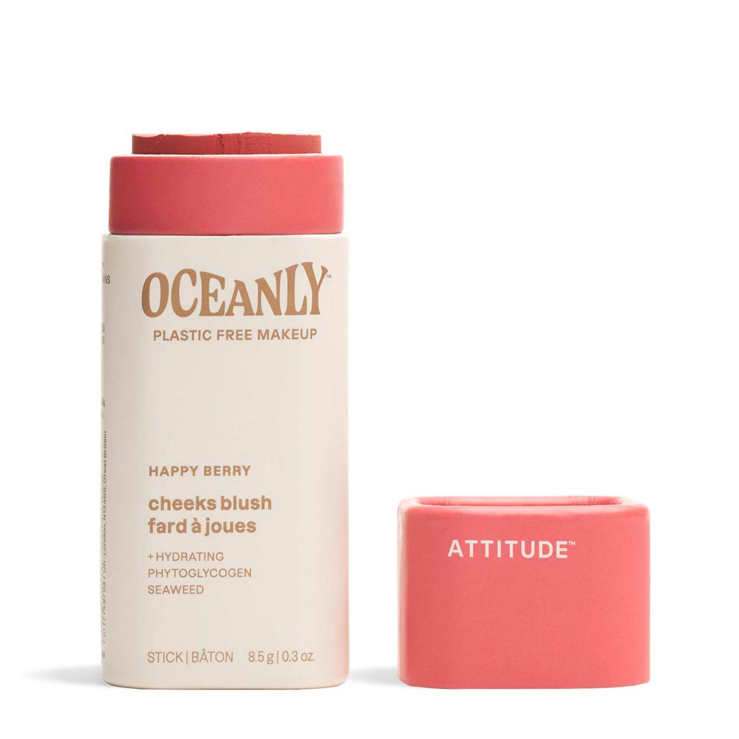 ATTITUDE Oceanly Plastic-Free Lightweight Blush Stick, Titanium Dioxide-Free, EWG Verified, Vegan & Cruelty-free Makeup, Happy B