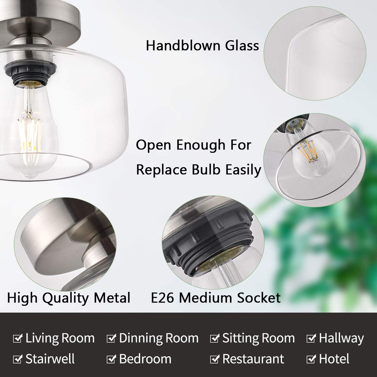 TeHenoo Semi Flush Mount Ceiling Light,Clear Glass Shade, E26 Socket,Brushed Nickel Ceiling Light Fixtures for Hallway,Entryway,Porch