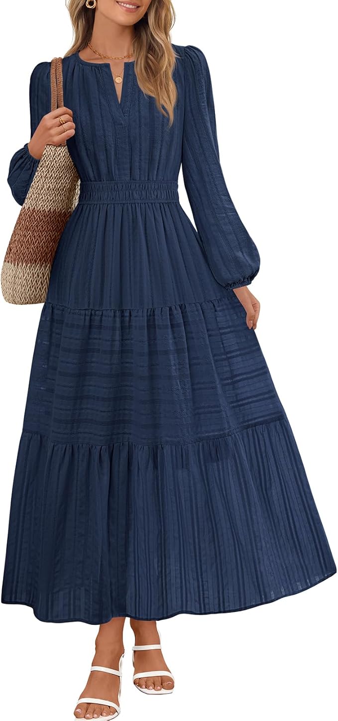 MEROKEETY Winter Midi Dresses for Women 2026 Spring Long Sleeve Casual V Neck Tiered Cotton Maxi Dress Pockets