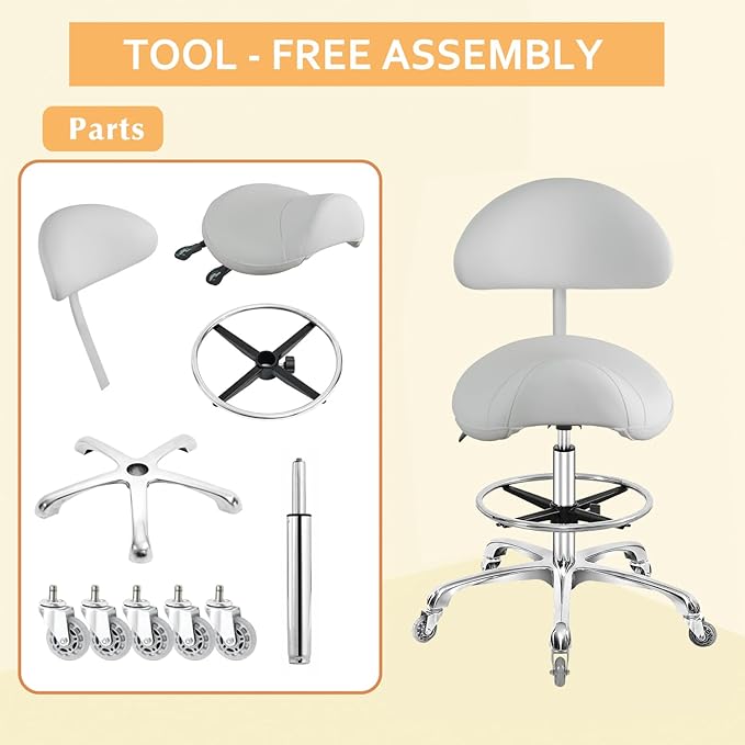 Nazalus Saddle Stool Chair with Back Support Footrest, Heavy-Duty(350LBS), Hydraulic Rolling Swivel Adjustable Stool Chair for Salon Spa Beauty Massage Dental Clinic Home Office Use(White)