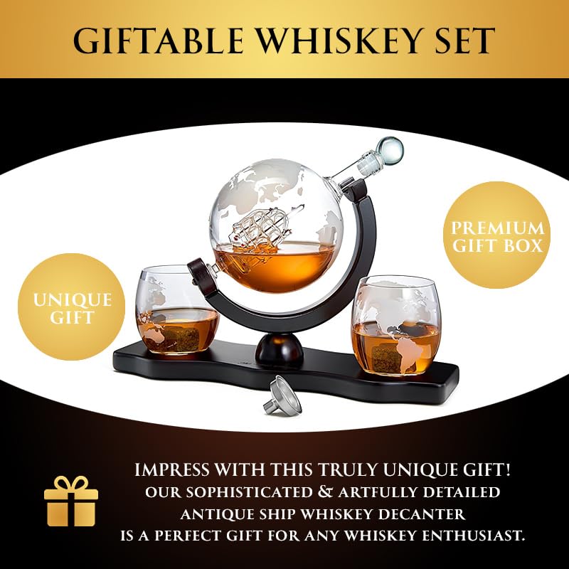 Gifts for Men Dad, Whiskey Decanter Globe Set with Ball & Glasses, Anniversary Birthday Gifts for Him Husband Boyfriend Brother, Unique Valentine Day Gifts for Bourbon Scotch Liquor Vodka, Cool Stuff