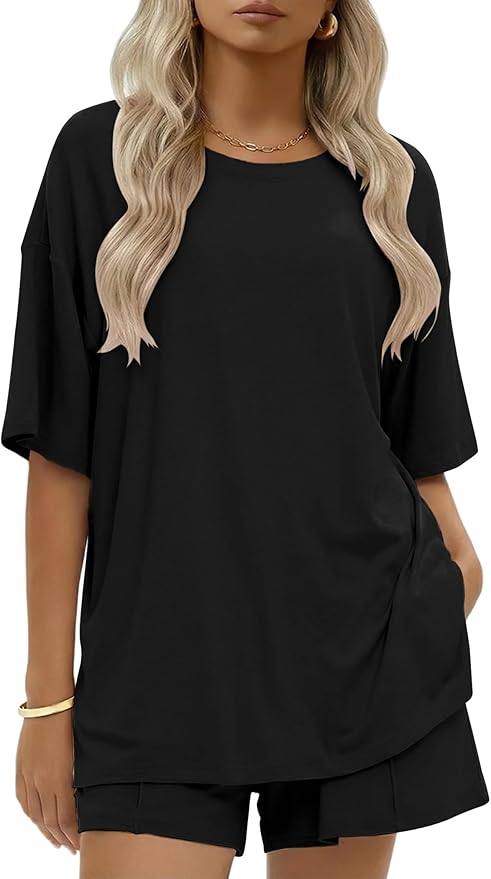 Ekouaer Womens 100% Cotton 2 Pieces Short Sets Summer Short Sleeve Outfits Casual Maching Lounge Set with Pockets