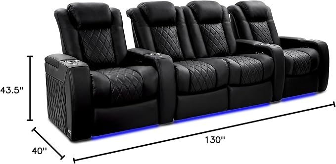 Valencia Tuscany Home Theater Seating Semi-Aniline Italian Nappa 20000 Leather Ultimate Luxury Heat & Ventilation Power Recliner Power Lumbar and Headrest (Row of 4 Loveseat Center, Onyx)