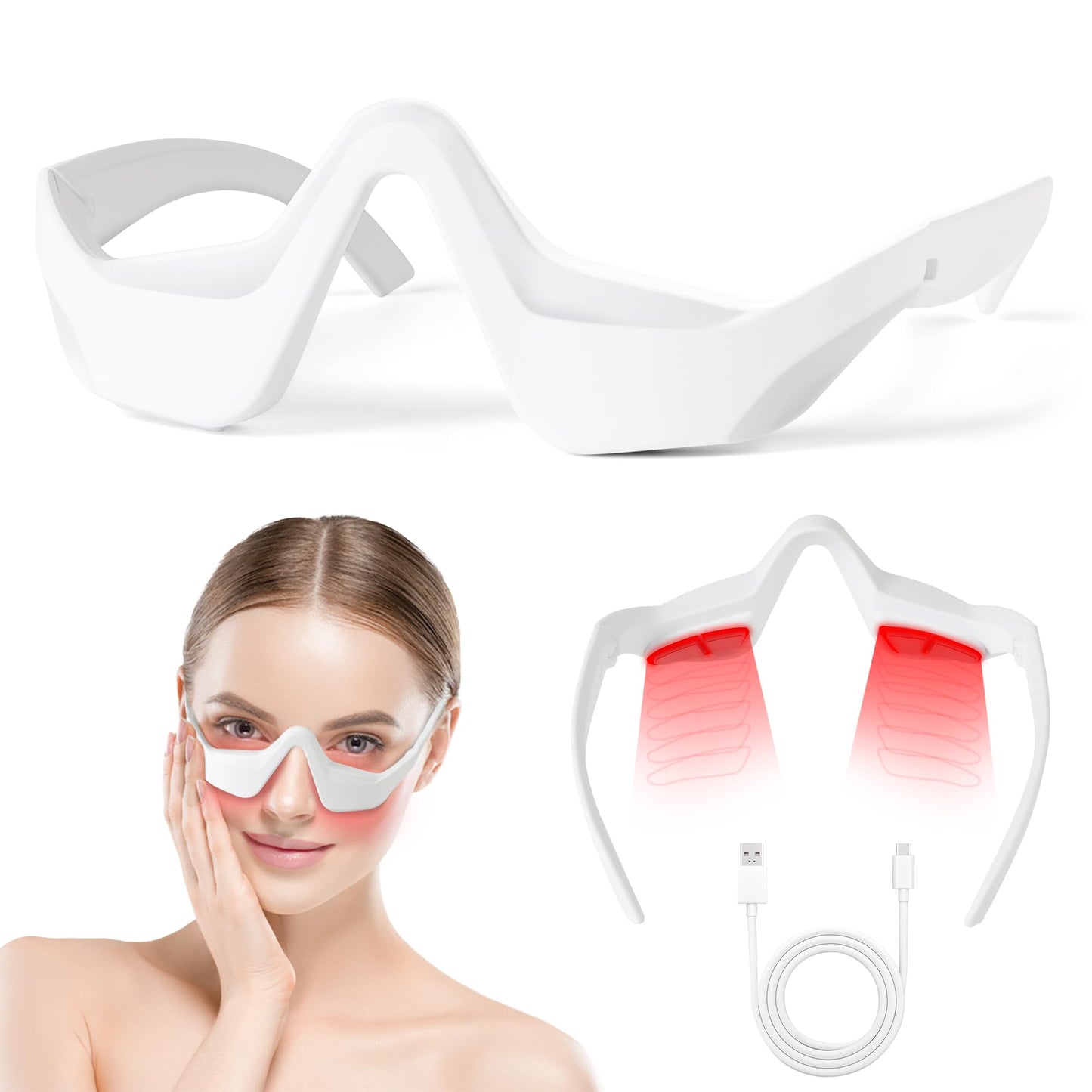 Under Eyes Red Light Therapy Glasses, Microcurrent Eye Face Massager Red Light Beauty Device with 4 Modes, Relieve Dark Circle,