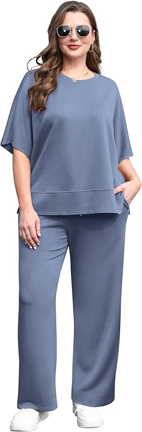 XIEERDUO Women's Side Slit Lounge Sets 2 Piece Travel Outfits Airport Tracksuit Oversized Wide Leg Loungewear S-3XL
