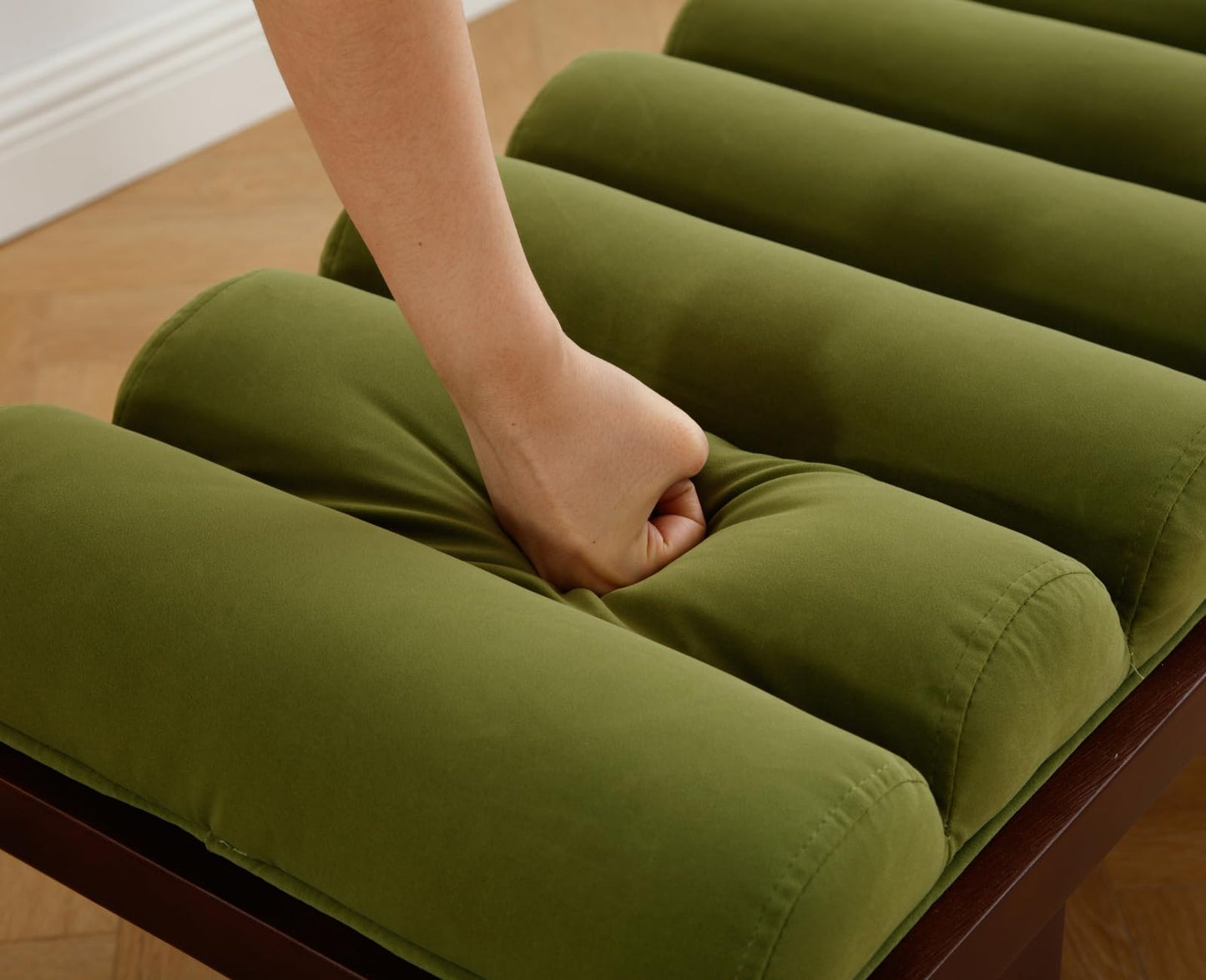 ROCITY Green Velvet End of Bed Bench Upholstered Modern Ottoman Bench Comfy Padded Entryway Bench Seat with Thick Cylindrical Cushion, Wooden Window Bench for Bedroom/Living Room, 47 Inch