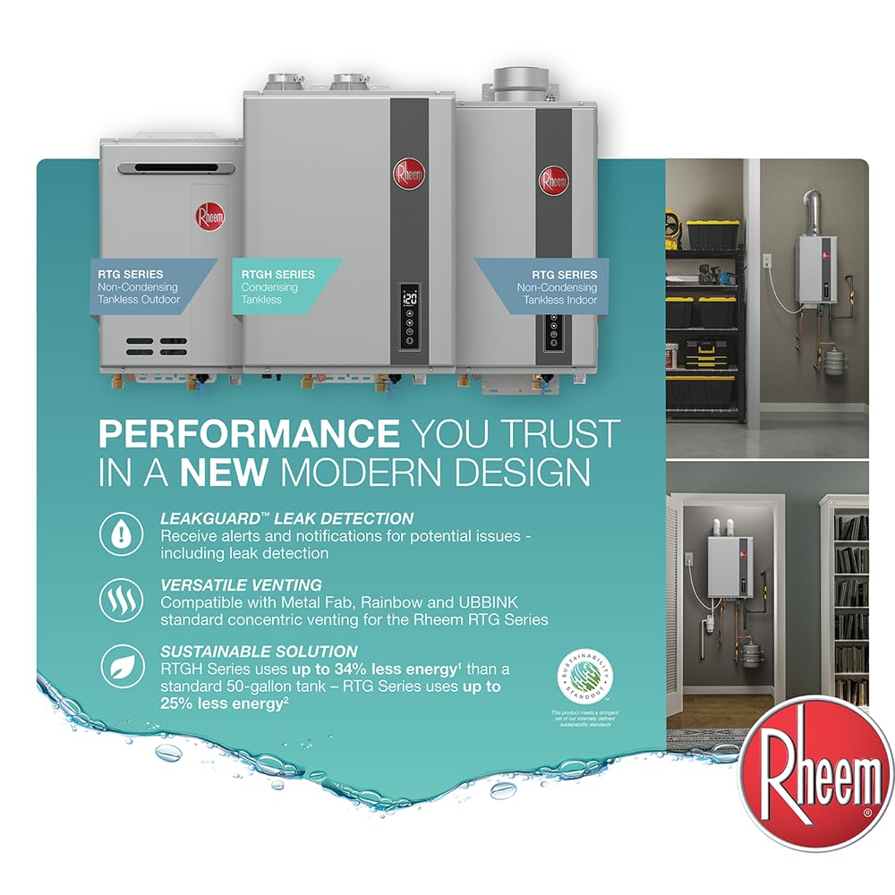 Rheem RTG-84DVLN-3 High Efficiency Non-Condensing Indoor Tankless Natural Gas Water Heater 8.4 GPM, 180,000 BTUs