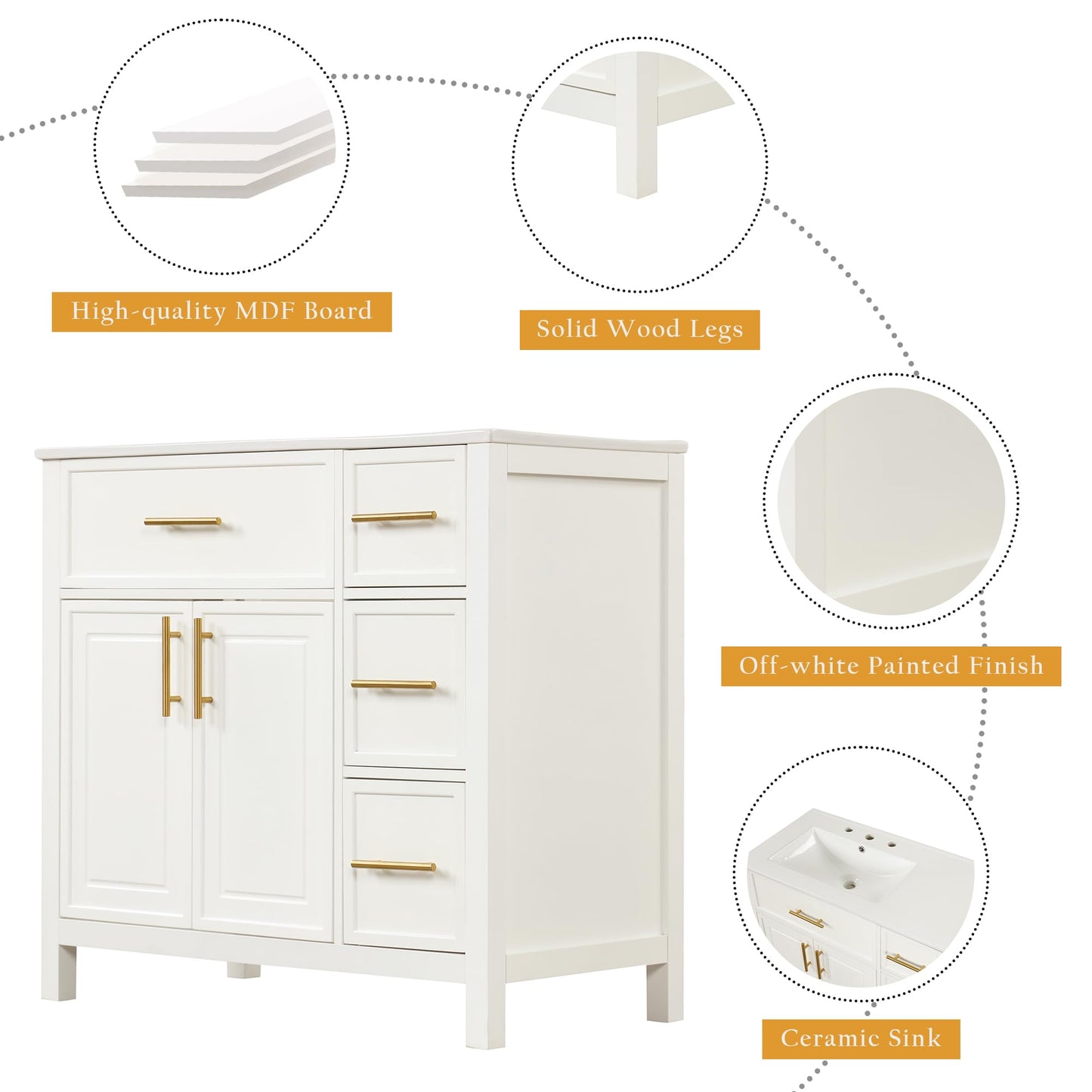 Favfurish 36" Bathroom Vanity with Sink Combo,Bathroom Vanity Cabinet with Two Soft-Closing Doors and Four Drawers,Free Stading Vanities w/Gold Handler,for Bathroom,Easy Assembly,White