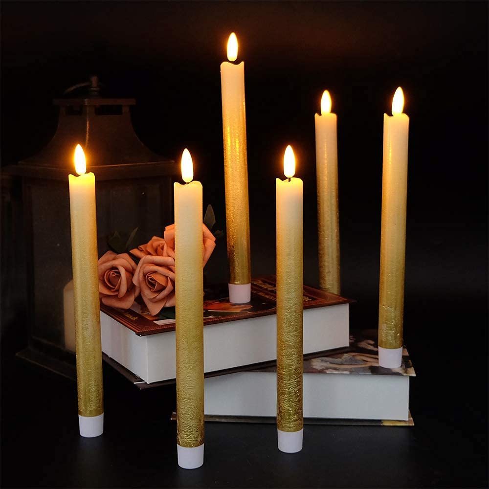 Wondise Gold Flameless Taper Candles with Timer & Remote, 9 Inch Battery Operated LED Flickering Window Candle for Christmas Thanksgiving Decorations, Set of 6