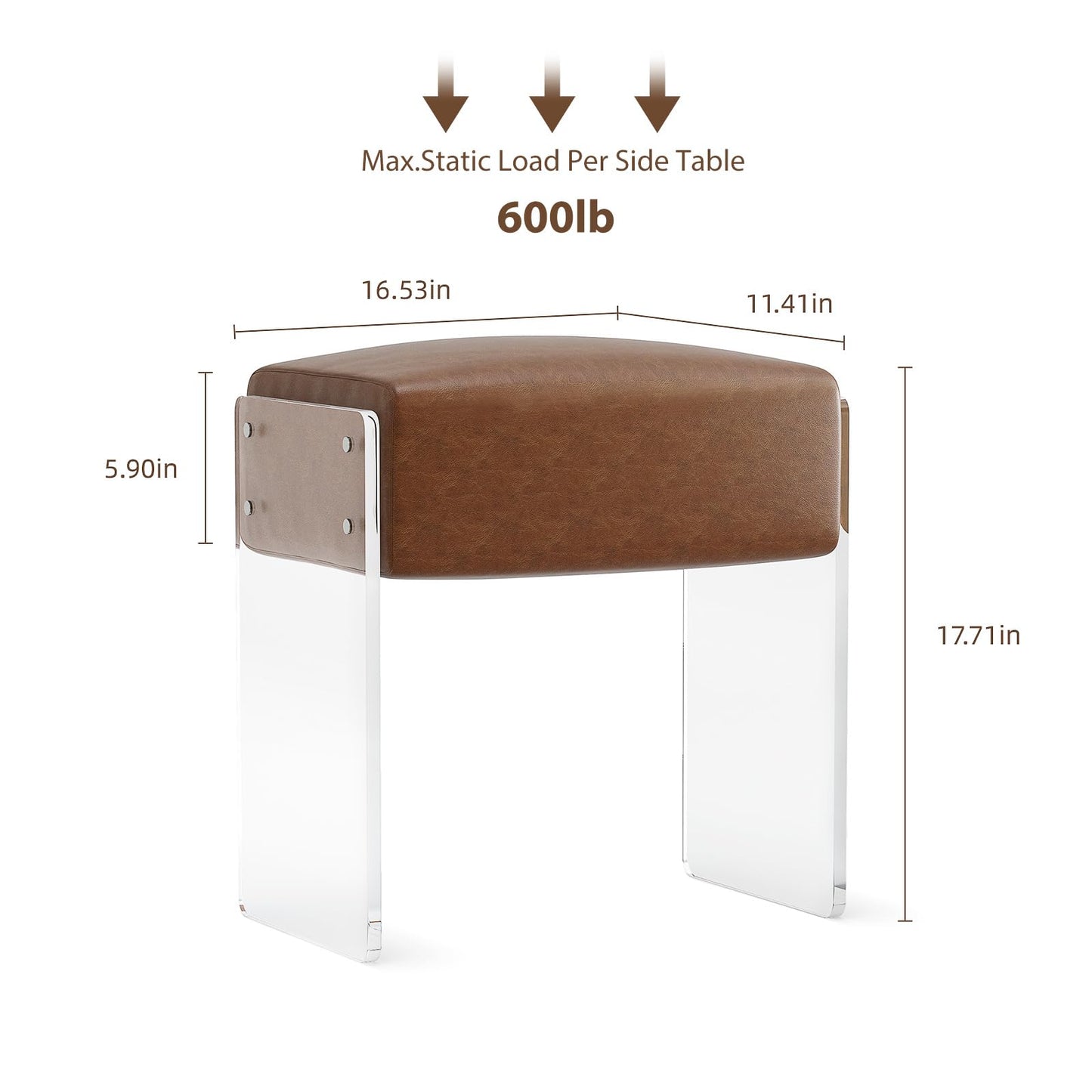 bitaycan Leather Vanity Stool Chair, Modern Ottoman and Foot Rest with Leather and Acrylic Leg for Makeup Room, Living Room, Bedroom, Brown