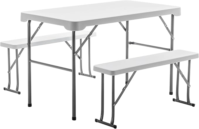 BTEXPERT 3-Piece Set Plastic Portable Folding Beer Picnic Table & Two Benches Seats Foldable Heavy Duty White for Party RV...