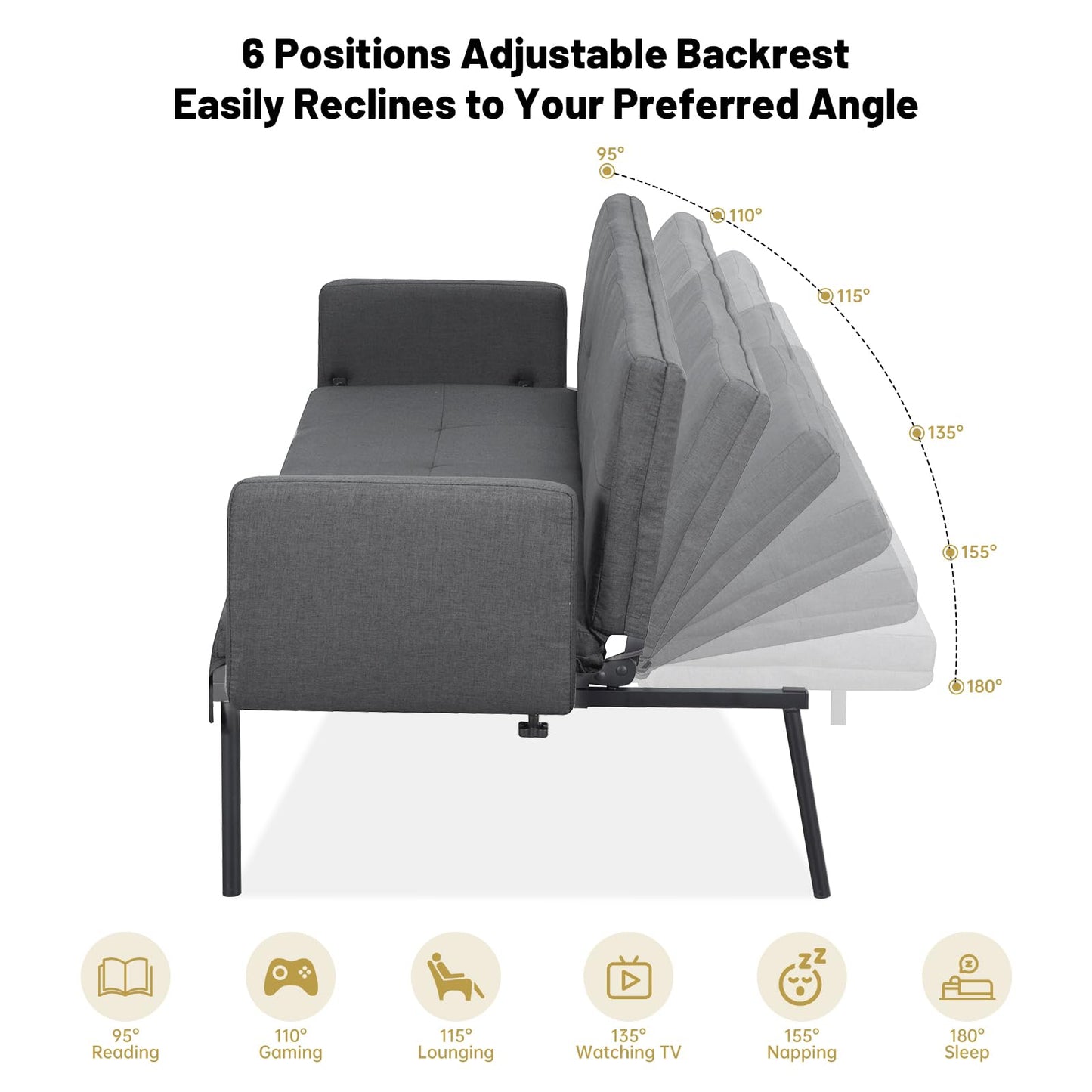 NicBex Futon Sofa Bed, Convertible Loveseat Sleeper Couch, Adjustable Recliner Sofá, Folding Accent Sofa&Couch with Metal Frame and 6 Angles for Living Room, 300 lbs/Seat, Easy to Assemble