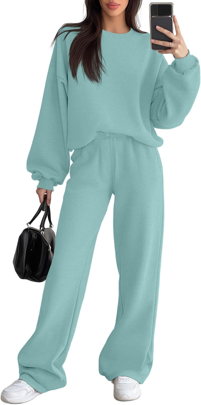 Sweetyweee Women's 2 Piece Outfits Set Fleece Lined Lounge Sweatsuit Crewneck Pullover Top Wide Leg Pants Casual Tracksuit