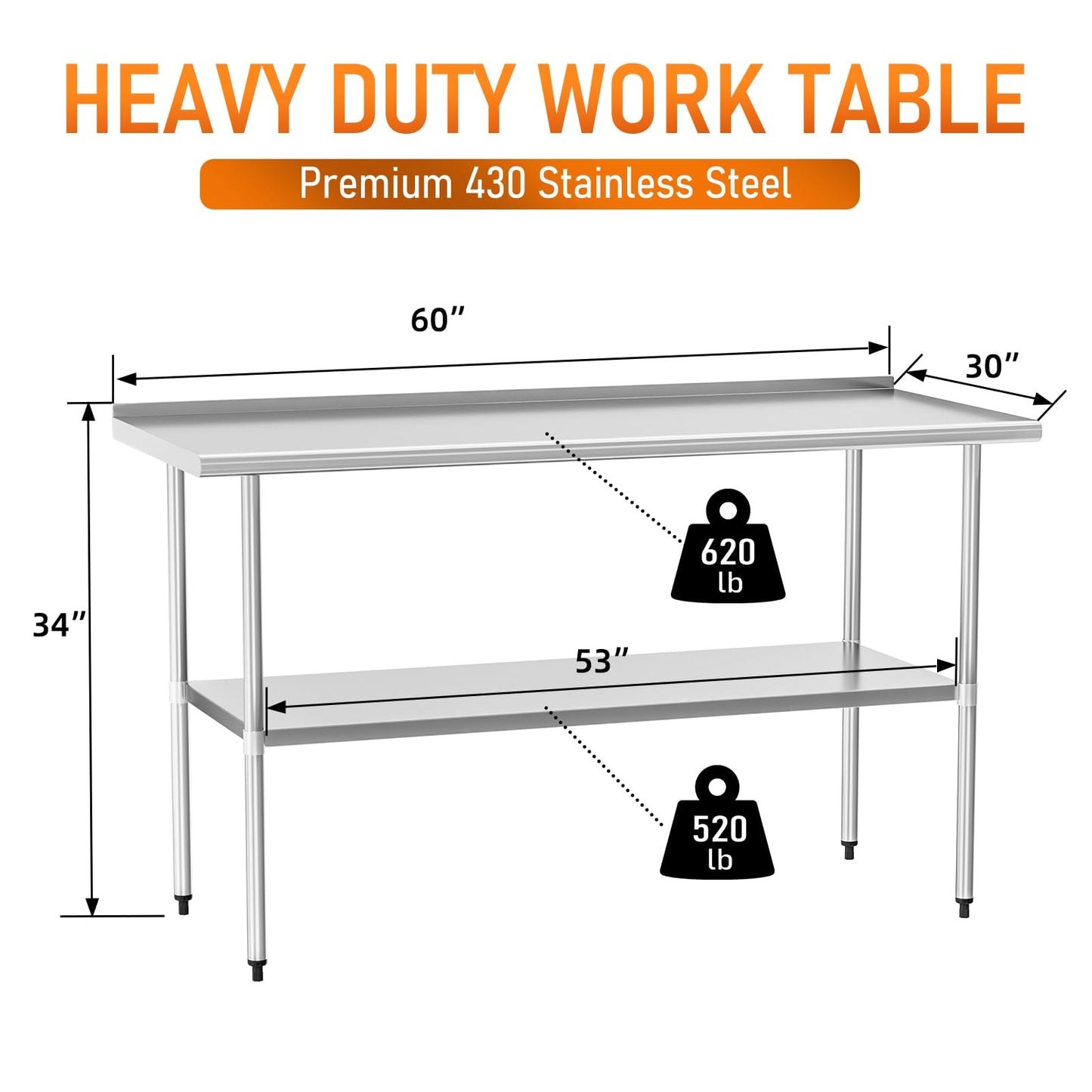 HOCCOT Stainless Steel Table 30" x 60" with Adjustable Undershelf and Backsplash, Commercial Metal Workstations for Kitchen, Garage, Outdoor BBQ