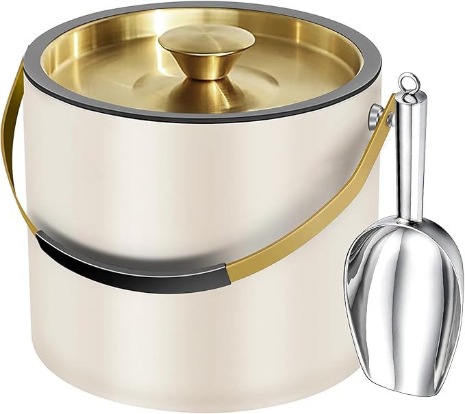 3.2L Modern Insulated Ice Bucket with Silicone Lid, Scoop, Strainer, Double Wall Stainless Steel Ice Bucket for Parties & ...