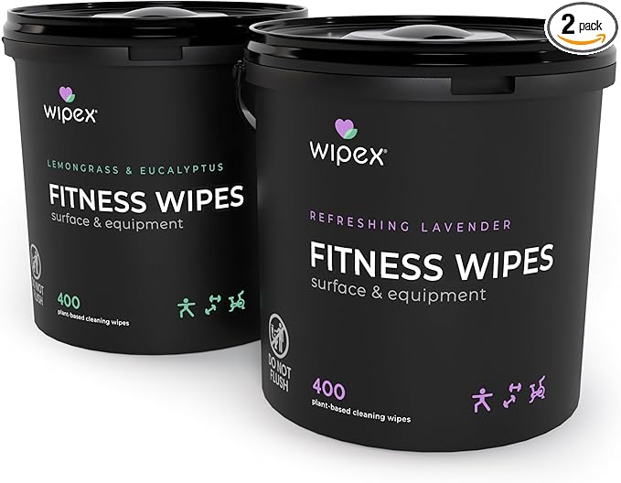 Wipex Gym Wipes for Equipment Bundle - Get 2 Buckets (1) Lavender & (1) Lemongrass Plant-Based Fitness Equipment Wipes, Clean Surfaces & Mats, Safe Gym Cleaner & Peloton Wipes, 400 Ct (Pack of 2)