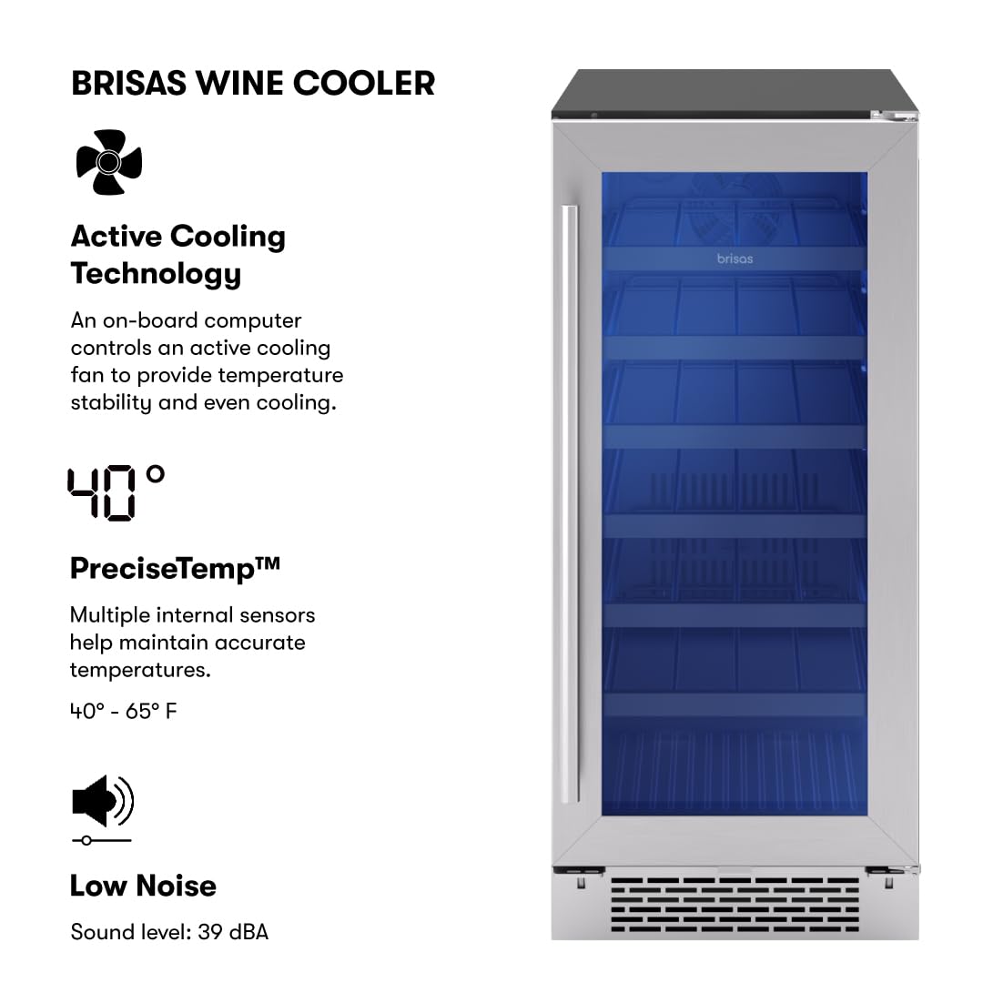 Zephyr Brisas 15 Inch Slim Wine Fridge Single Zone Under Counter - Narrow Mini Wine Cooler Small Cabinet Wine Refrigerator Home Bar Freestanding with Glass Door - 28 x 750ml Bottles