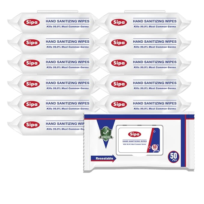 SIPA Hand Sanitizing Wipes 50 WIPES Bag, Clean-to-go, Travel Size, Fresh Scent, Soft Textured Wipes, Total 600 Pieces (PACK OF 12)