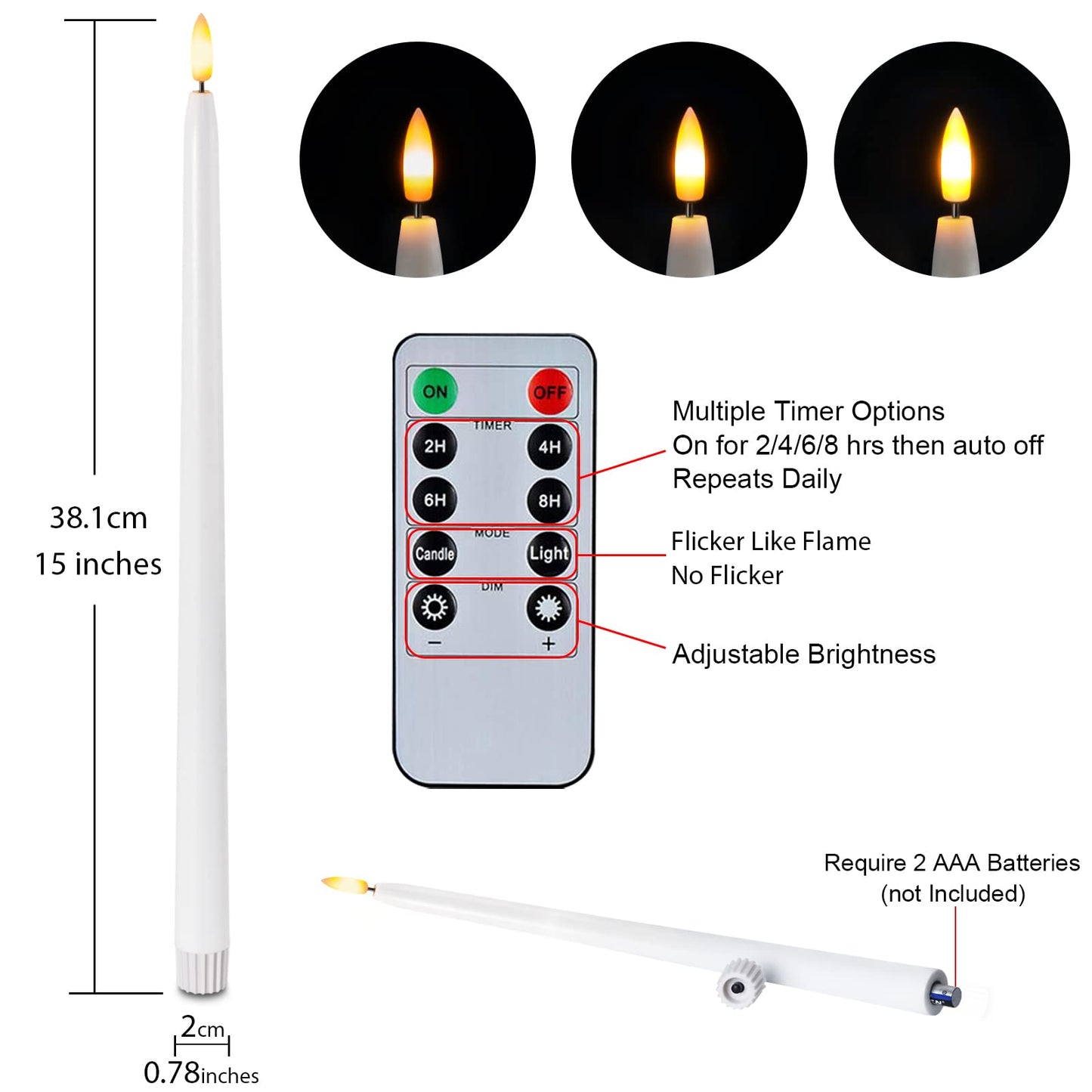 Homemory 15 inches Real Wax Flameless Taper Candles with Remote Timer, 6 Pcs White LED Taper Candles Battery Operated with 3D Flickering Flame, Window Candle Led Candlesticks for Dinners Home Decor
