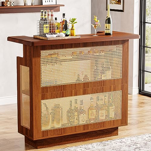 Tribesigns Rattan Home Bar Unit, Farmhouse 4-Tier Bar Table with 4 Stemware Racks and Heightened Base, Liquor Wine Bar Cab...