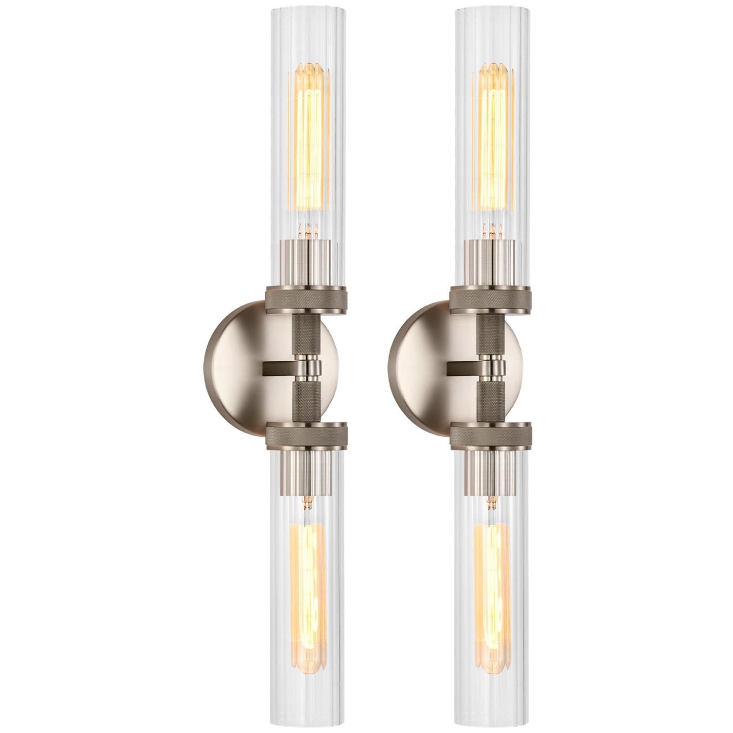 LaLuLa 2-Light Brushed Nickel Vanity Wall Lights Set of 2 –Hardwired Bathroom Light Fixtures with Rippled Glass Shades and Textured Metal Body, Chrome Accent Sconces for Over Mirror or Hallway