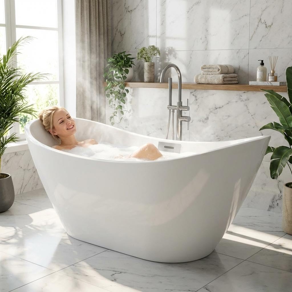 67'' Freestanding Bathtub, Acrylic, Deep Soaking Tub with Non-Slip Surface, Modern Free Standing Bath Tub, Chrome Drain, cUPC Certified, Easy Install, Space-Saving Bathtub for Bathrooms, White