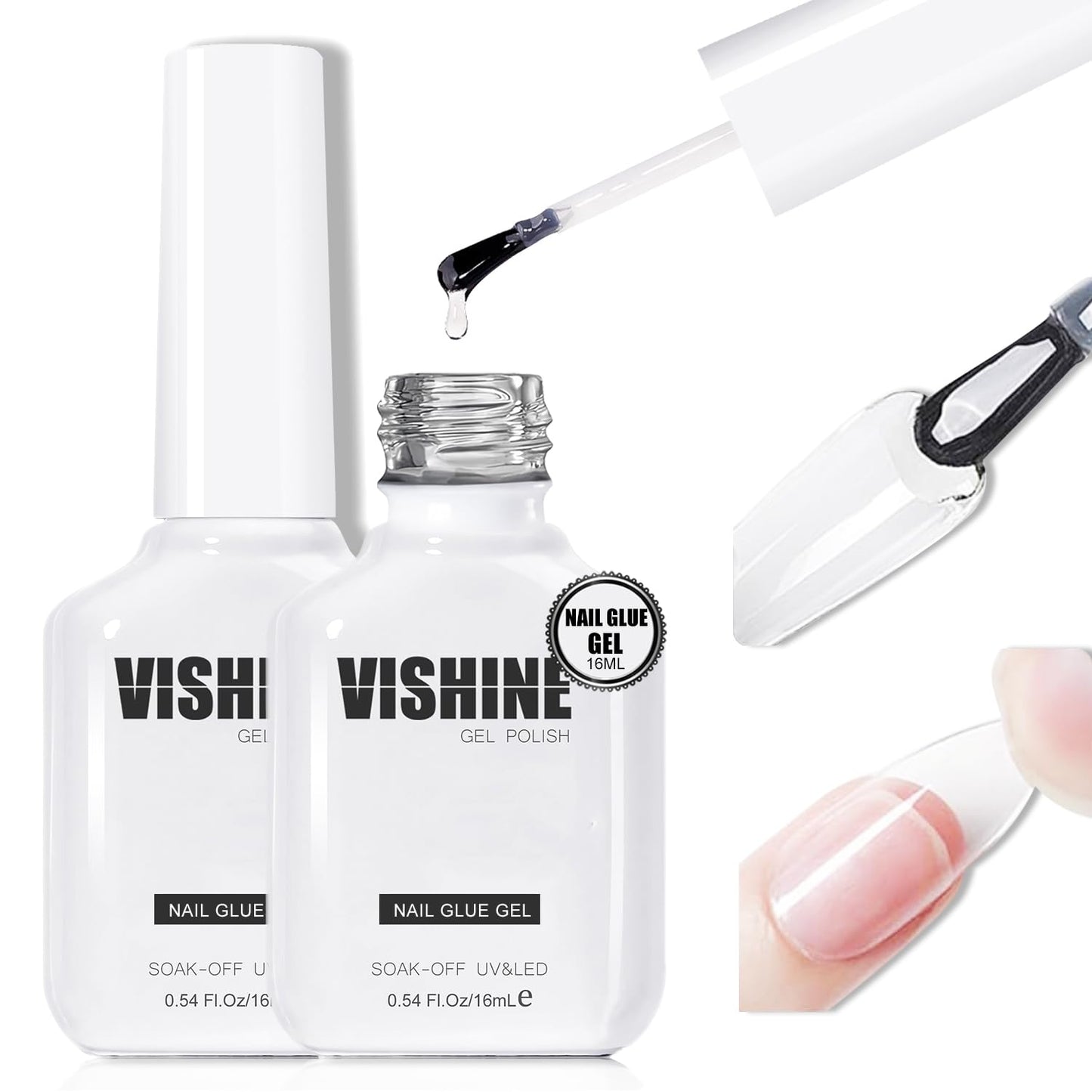 Vishine 2 Pcs 16ml Nail Glue Gel for Nail Tips Long Lasting Extension Glue for Clear Nail Tips and Clear Press On Nails,Brush On