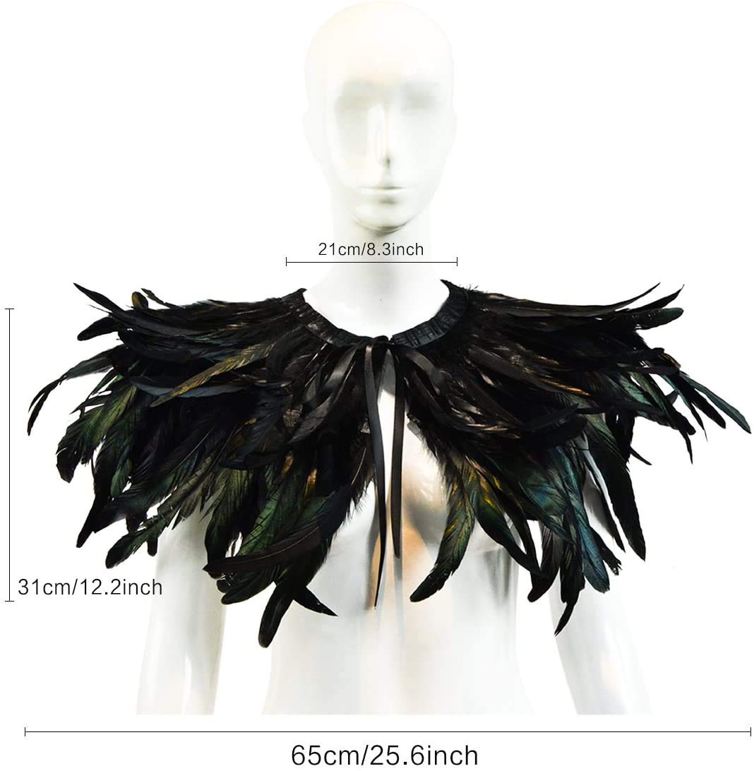 L'VOW Women Gothic Black Feather Cape Shawl Demon Witch Ox Horns Halloween Crow Evil Queen Costume(Style-1)