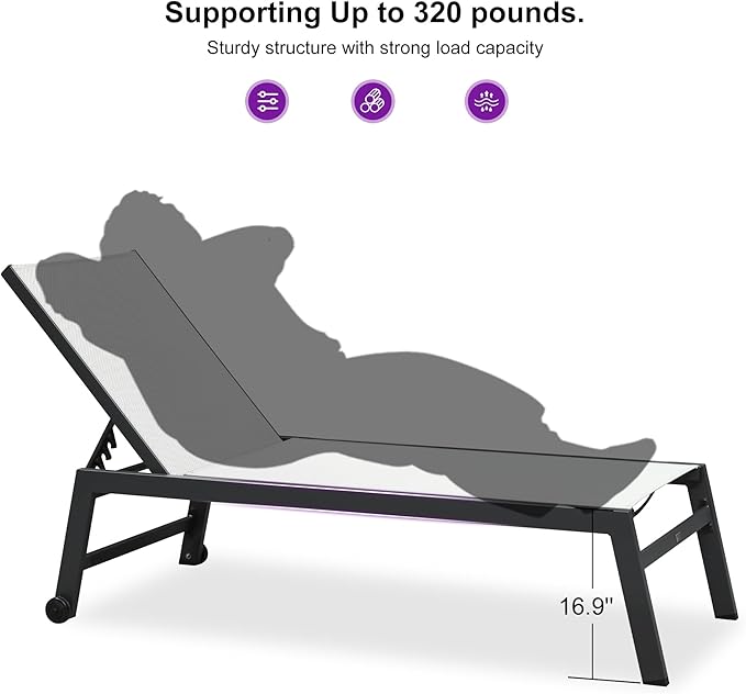 PURPLE LEAF Outdoor Chaise Lounge Set for 2 Oversized Pool Lounge Chairs with Easy-to-Move Wheels and Adjustable Backrest Extra Large Patio Loungers for Poolside Deck Beach Yard Table Included, Linen