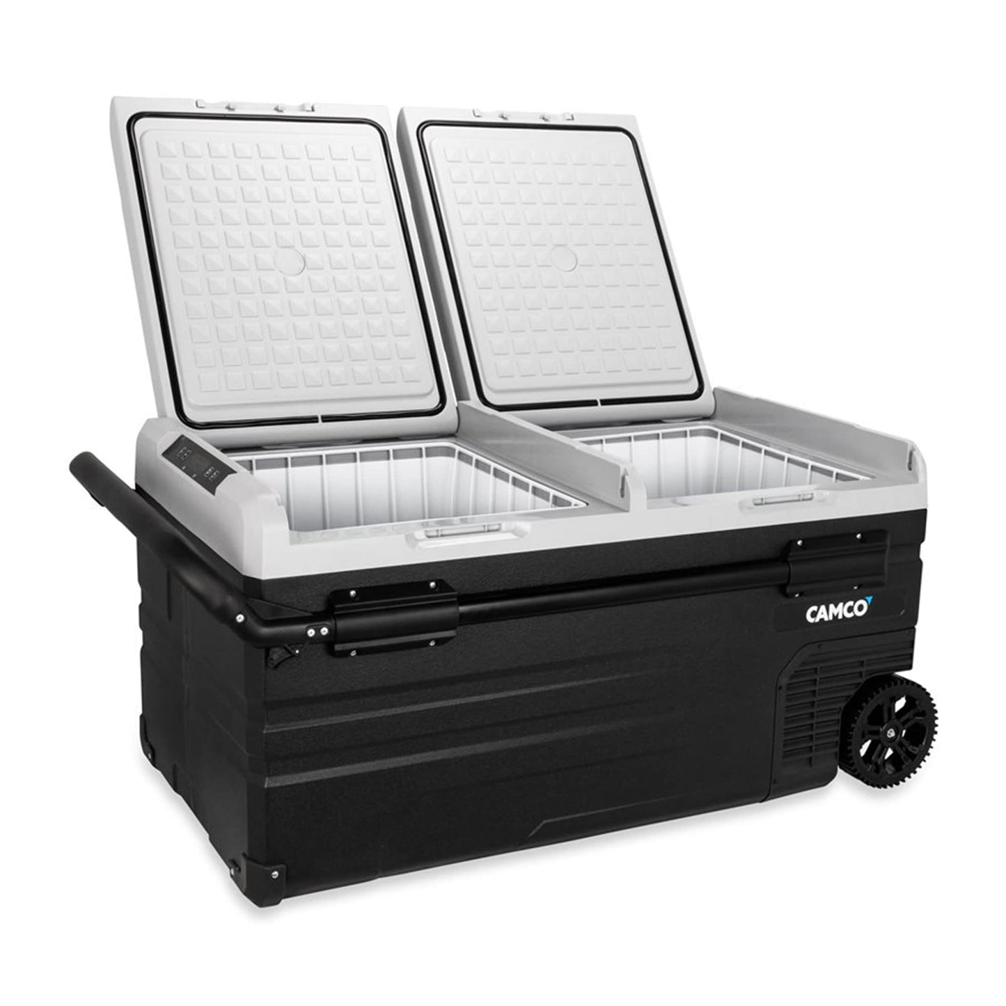 Camco CAM-950 AC 110 V DC 12 V 95 Liter Portable Compact Refrigerator w/Dual Zone Cooling/Freezing and Vehicle Outlet Cables for Camping & Road Trips