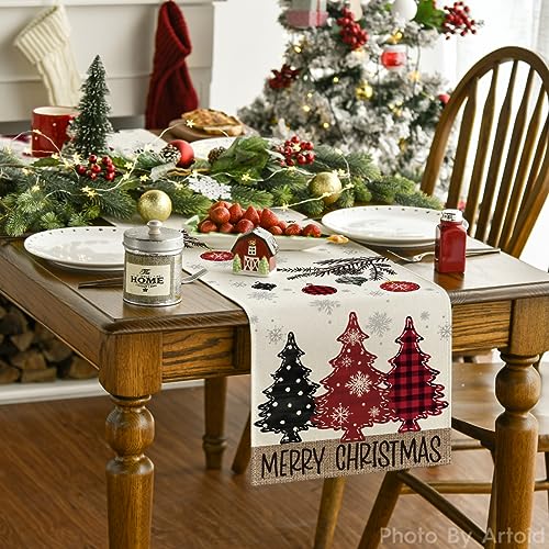 Artoid Mode Red Pine Trees Merry Christmas Table Runner, Winter Xmas Holiday Kitchen Dining Table Decoration for Home Part...