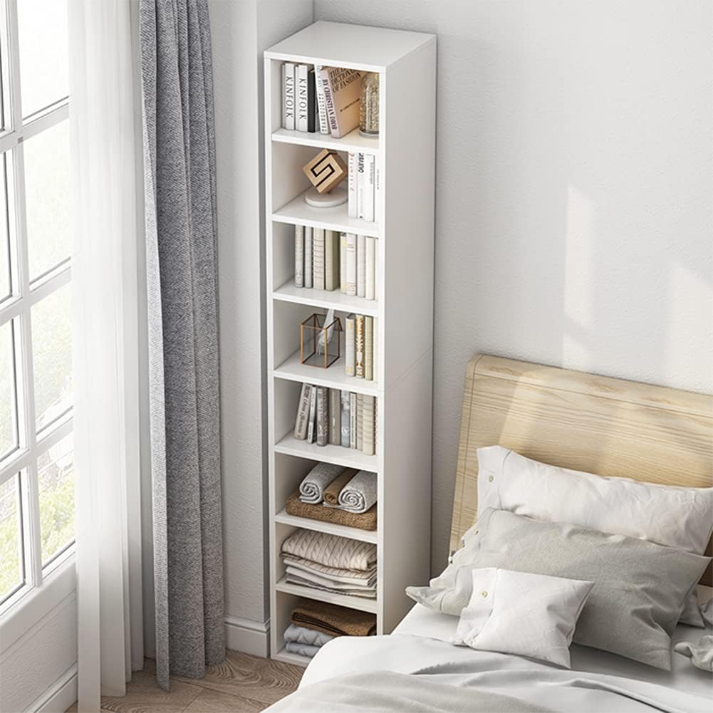 IOTXY Small Narrow Corner Bookcase - 47 Inches Tall Gap Freestanding Storage Cabinet, 5 Lattices Open Shelves Tower Rack, Cubes Bookshelf in White