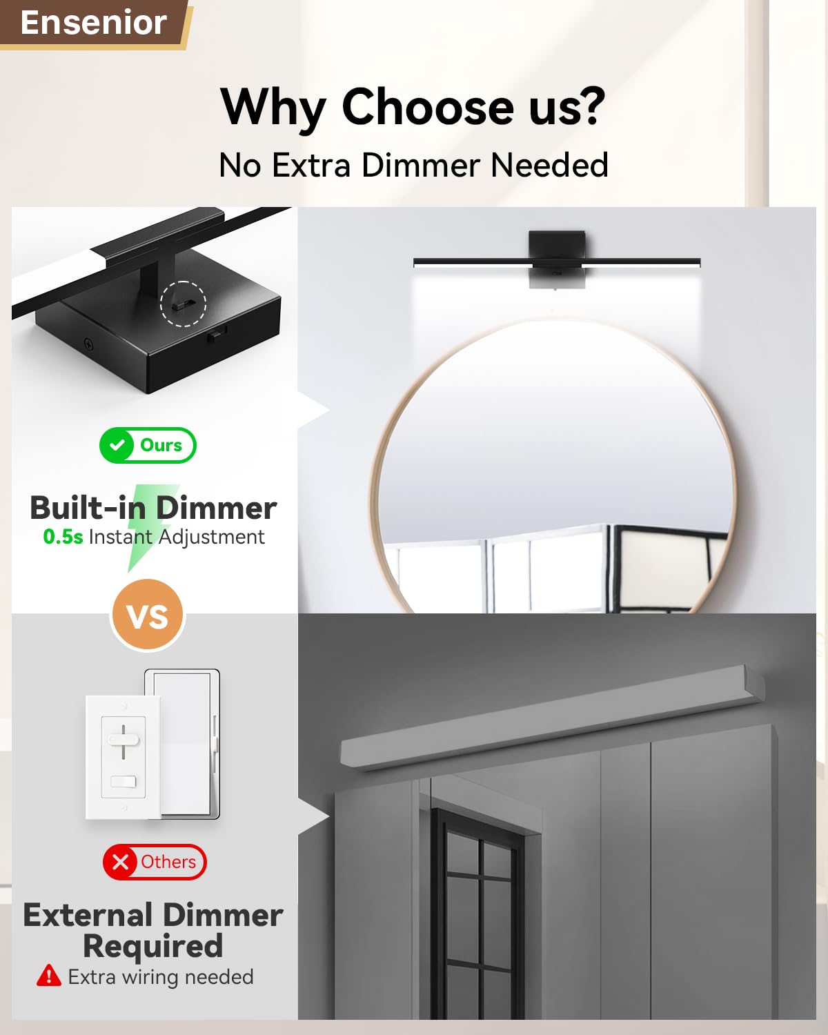Ensenior Modern Bathroom Vanity Light 24 inch, Built-in Dimmer, 14W Dimmable 5CCT Led Bath Lights, Black Bar Vanity Light for Bathroom Mirror Cabinets Bedroom-FCC & ETL Certificated