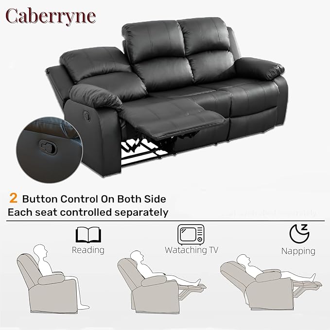 Caberryne Leather Recliner Sofa，Reclining Sofa for Living Room Furniture Sets，Black Wall Hugger Recliner Couch with Cupholder for Living Room/Office/Theater Seating(3 Seater Sofa)