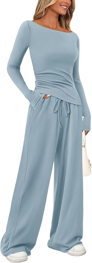 PRETTYGARDEN Women's 2 Piece Lounge Sets Asymmetrical Long Sleeve T Shirt Wide Leg Pants Casual Outfits Tracksuit