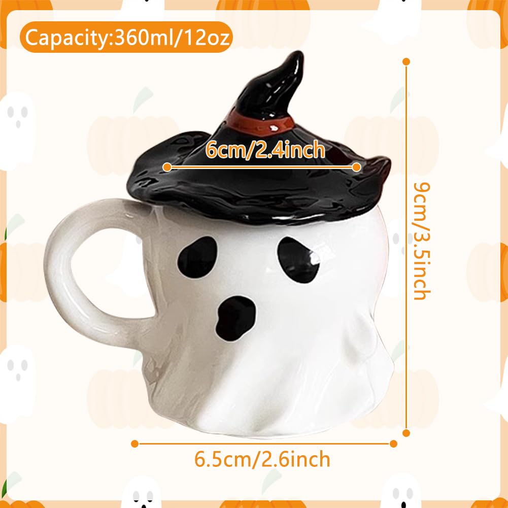 Halloween Pumpkin Ceramic Coffee Mug with Lid Cute Ghost Coffee Mug with Handle for Halloween Party Decoration (Ghost)