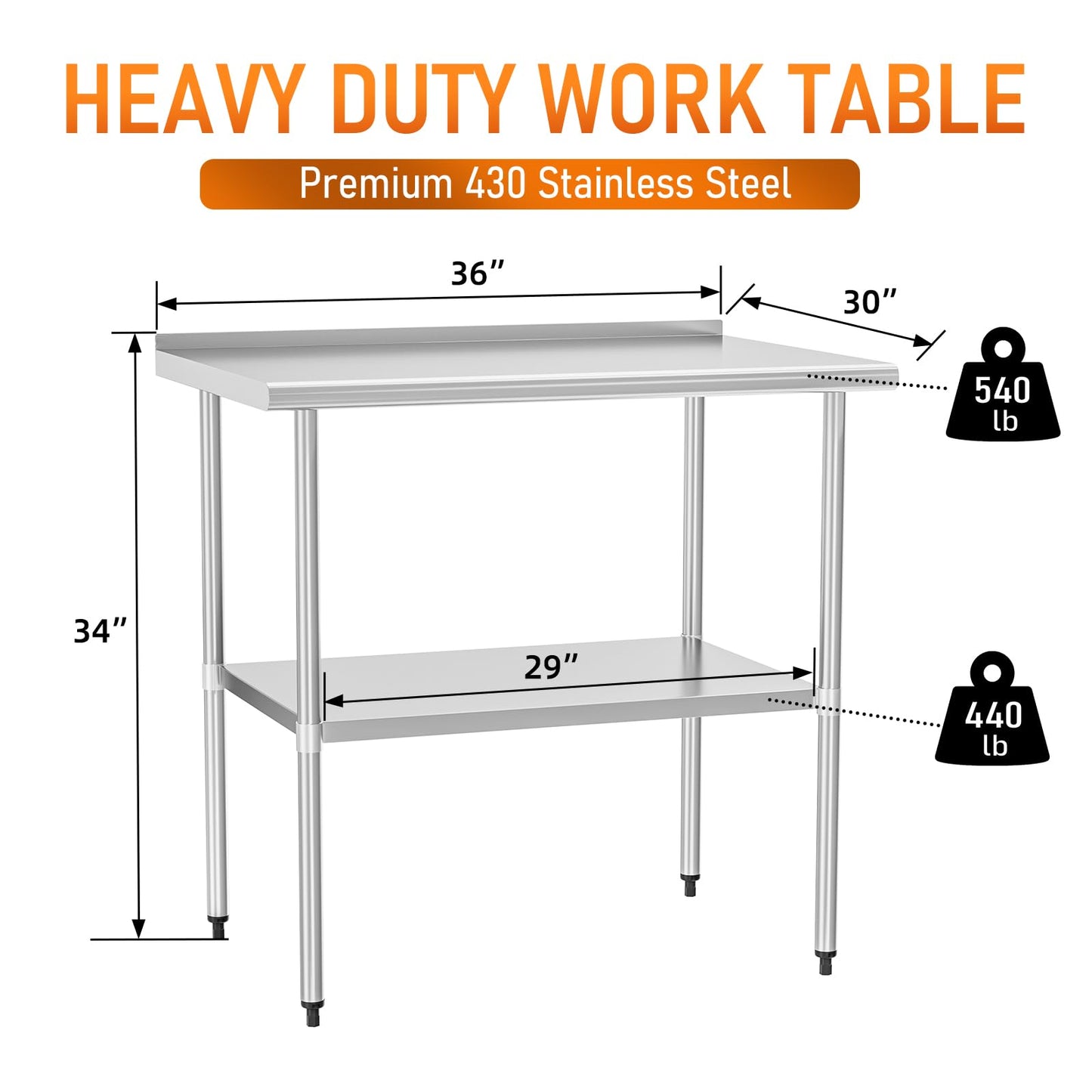 HOCCOT Stainless Steel Table 30" x 36" with Adjustable Undershelf and Backsplash, Commercial Metal Workstations for Kitchen, Garage, Outdoor BBQ