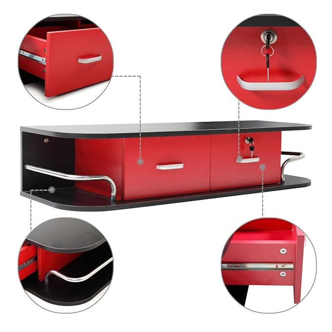 Multifunctional Wall-Mounted Beauty Station Salon Equipment with 2 Drawers, for Beauty Salon or SPA, Barber Shop, Home & Bathroom, Black and Red