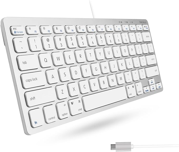 Macally Small USB C Keyboard - Plug & Play Compatible Wired Apple Keyboard for Mac mini, MacBook Pro/Air, iMac, iPad, Windows, Chromebook with USBC Port - Compact & Mini USB Type C - Silver
