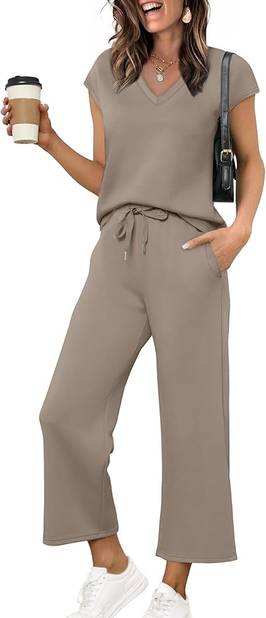 Saloogoe Two Piece Sets for Women Summer Outfits Lounge Sets V Neck Tops Wide Leg Pants Woman Vacation Travel Outfits